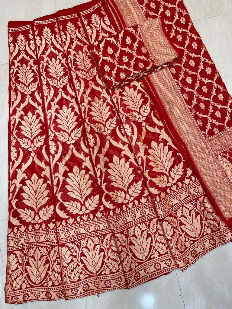 Red Pure Khaddi Georgette Handloom Banarasi Lehenga - Stitched - The Handlooms