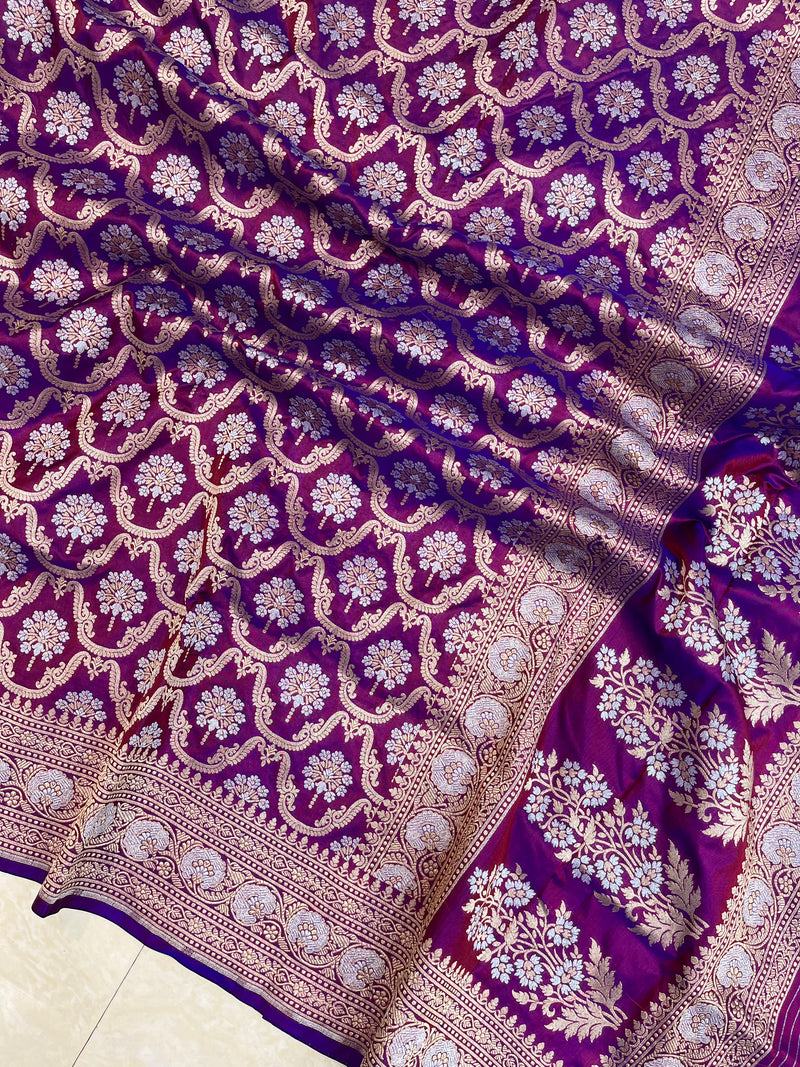 Pure Katan Silk Banarasi Handloom Saree - All over Sona Roopa Jaal work - The Handlooms