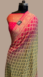 Dual Shade Pure Georgette Banarasi Bandhej Handloom Saree - The Handlooms