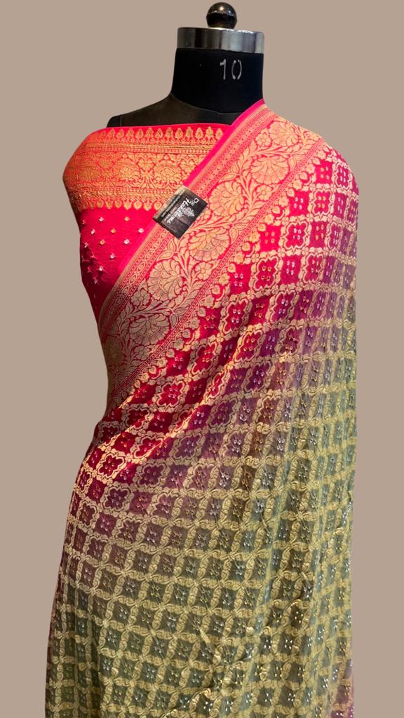 Dual Shade Pure Georgette Banarasi Bandhej Handloom Saree - The Handlooms