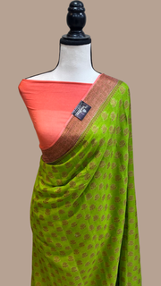 Lime Green Pure Chiffon Khaddi Banarasi Saree - The Handlooms