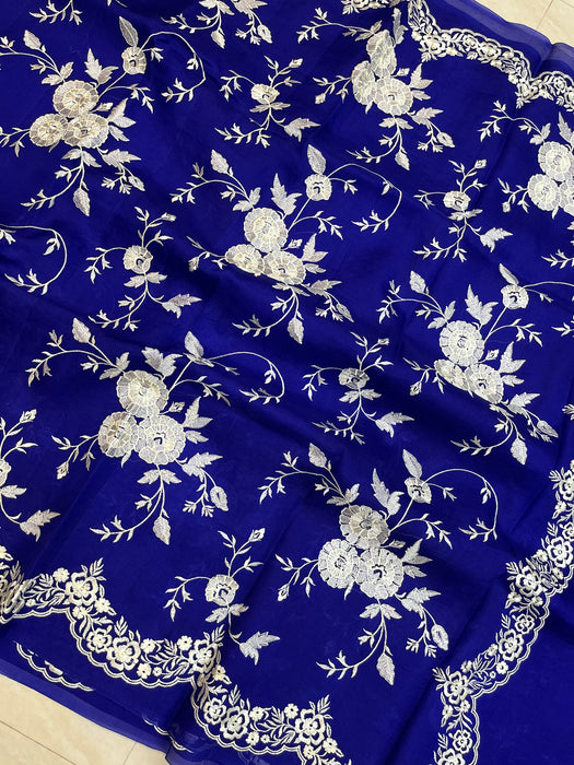 Royal Blue Pure organza Chikankari Handloom Banarasi Saree — The Handlooms
