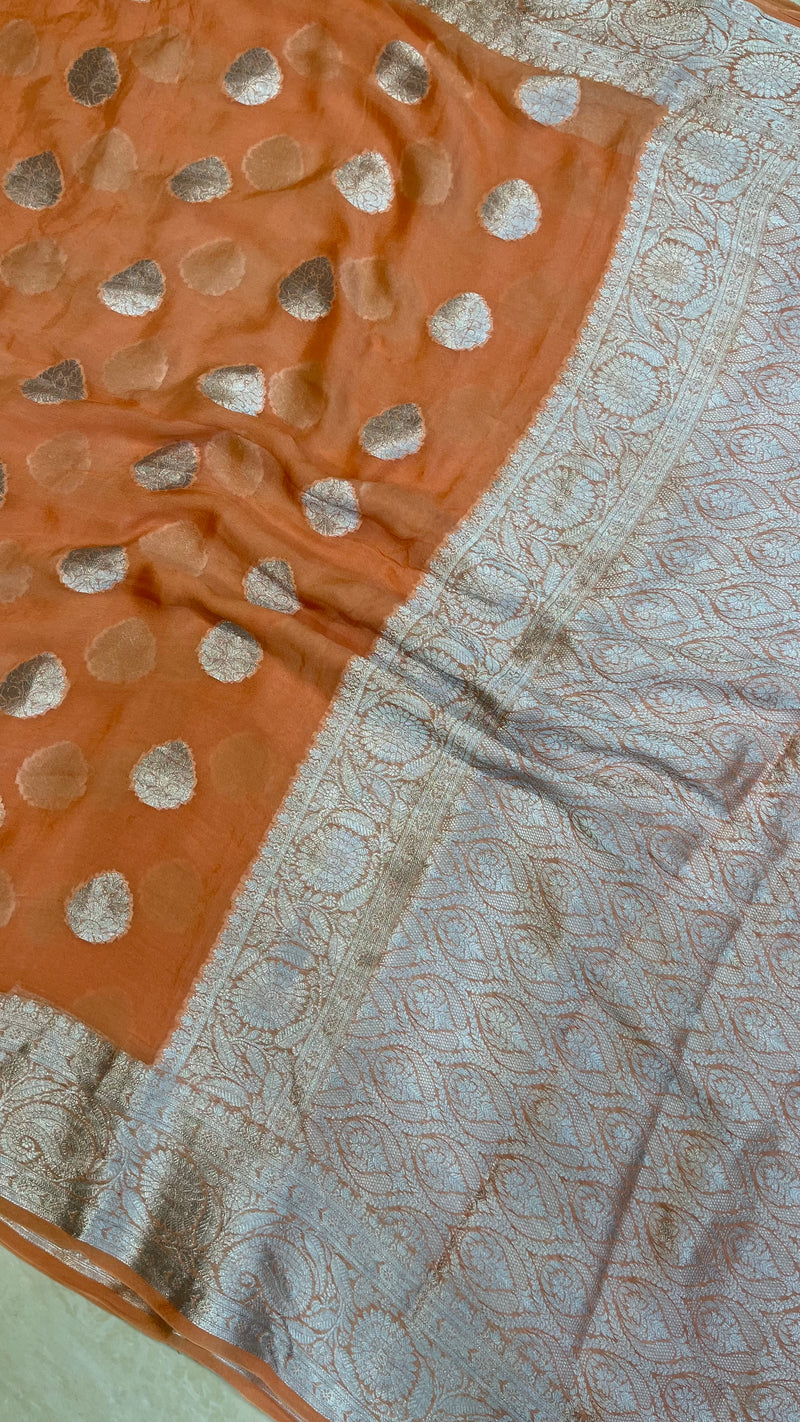 Peach Pure Chiffon Khaddi Banarasi Saree - The Handlooms