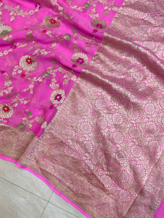 Pink Khaddi Georgette Handloom Banarasi Saree - All over Jaal Work with meenakari - The Handlooms