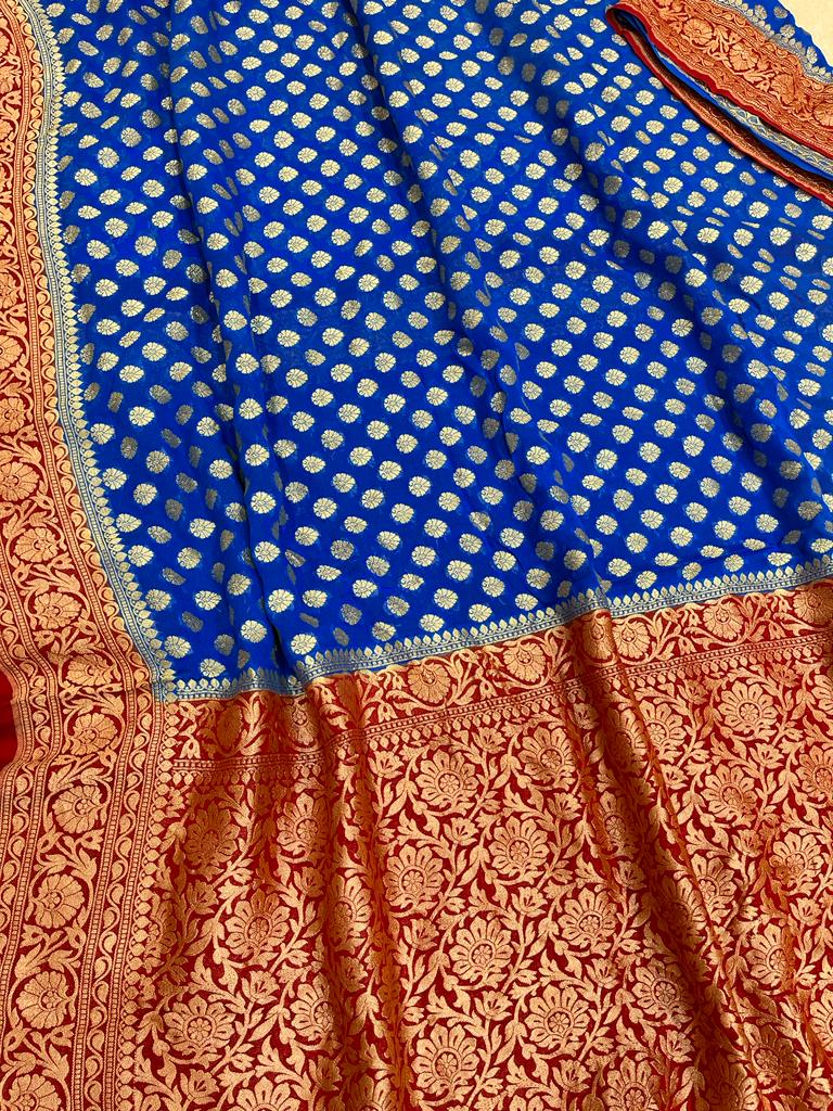Khaddi Georgette Handloom Banarasi Saree - Gold Zari - The Handlooms