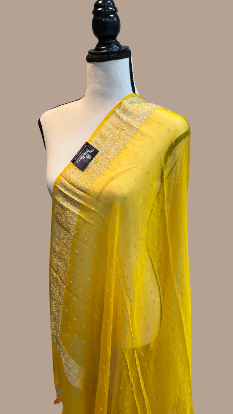 Pure Georgette Dupatta - Yellow silver zari - The Handlooms