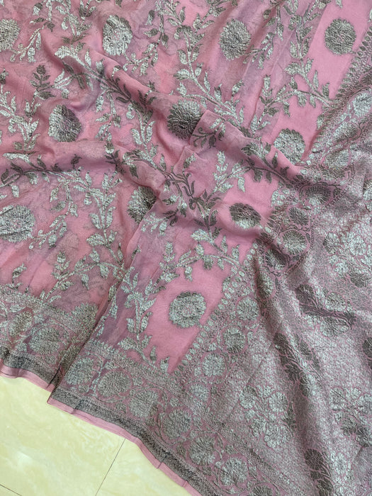 Light pink Khaddi Georgette Banarasi Saree -  Antique zari - The Handlooms