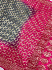 Dual Shade Pure Georgette Banarasi Bandhej Handloom Saree - The Handlooms