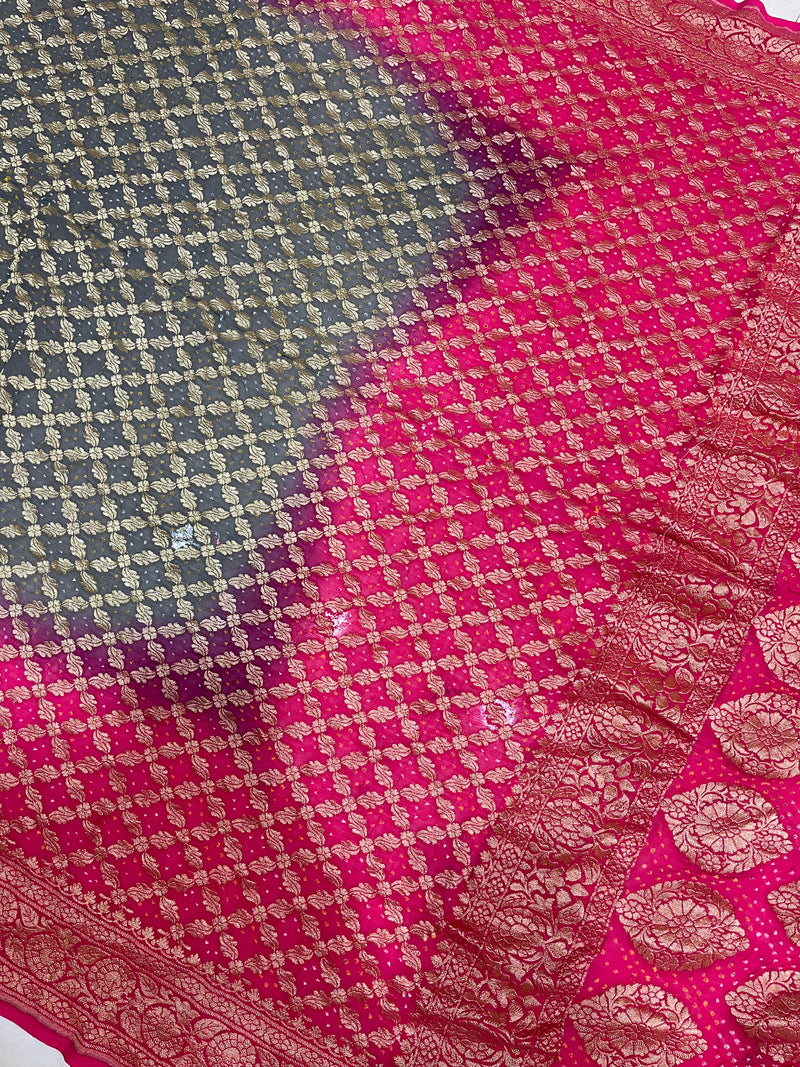 Dual Shade Pure Georgette Banarasi Bandhej Handloom Saree - The Handlooms