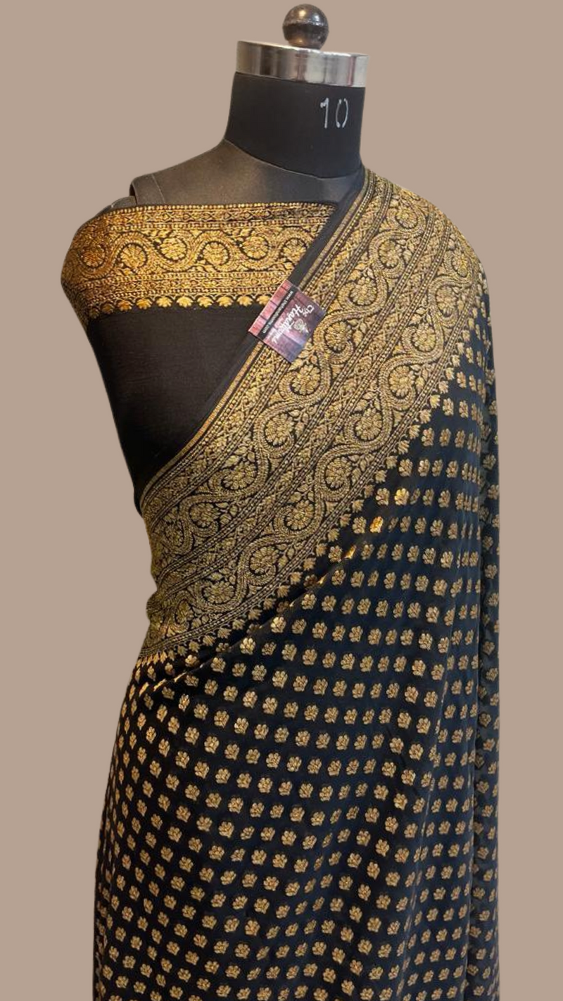 Black Khaddi Georgette Banarasi Saree -  Antique zari - The Handlooms