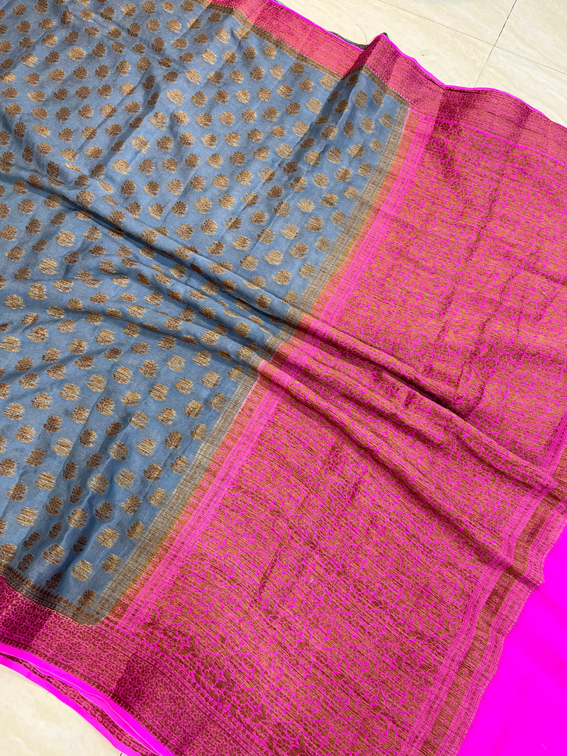 Grey Pure Chiffon Khaddi Banarasi Saree - The Handlooms