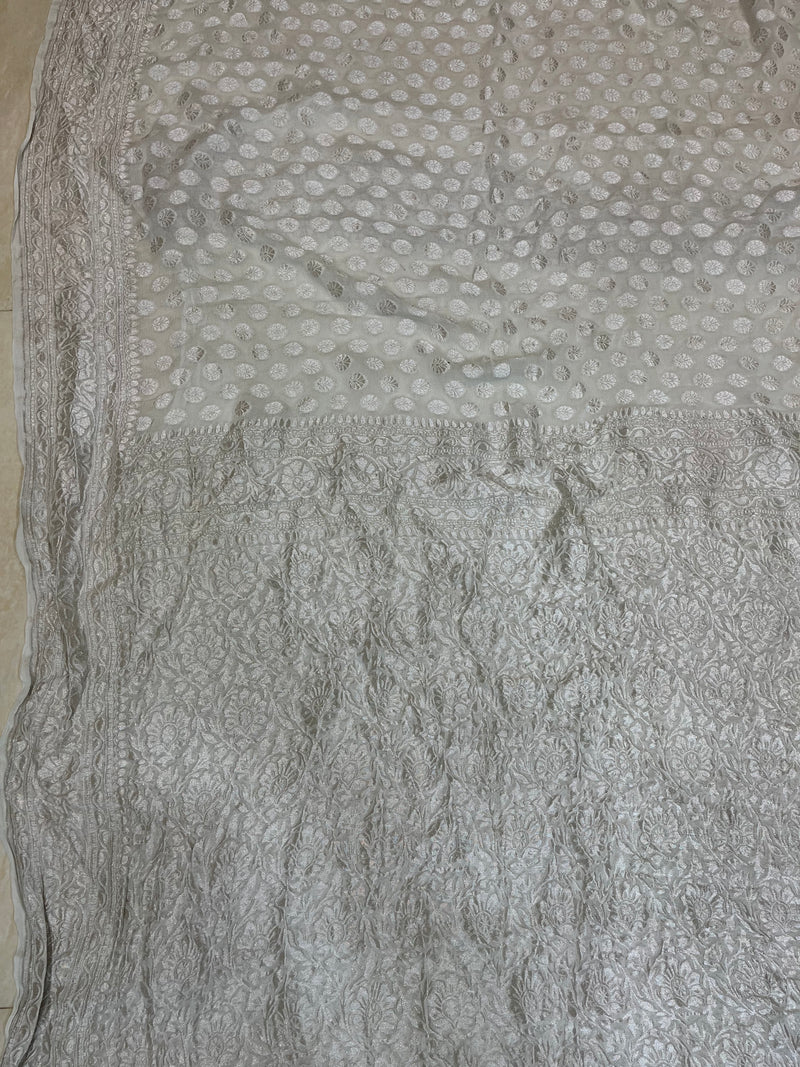 Pure Georgette Banarasi Saree - White - The Handlooms