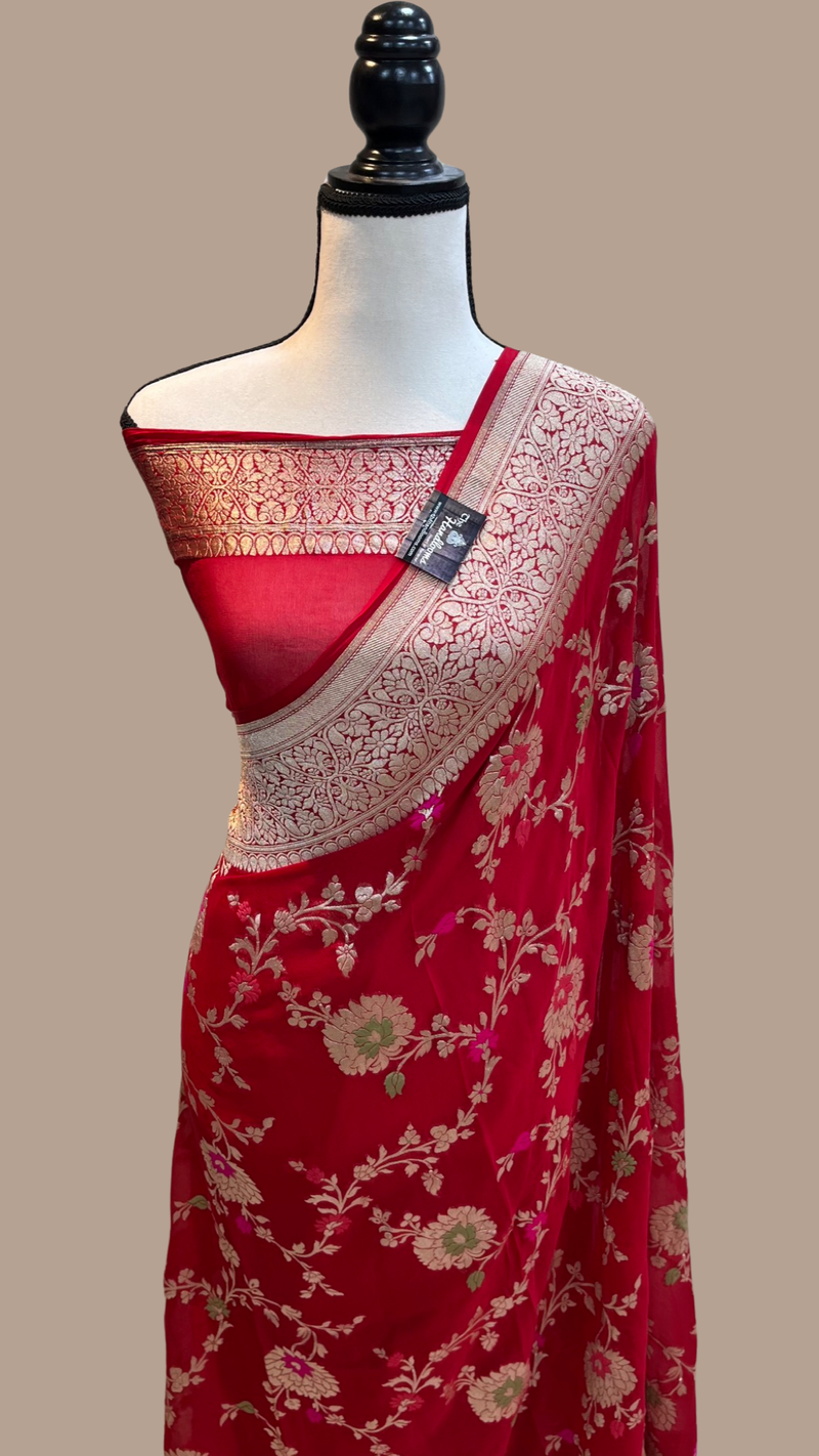 Red Khaddi Georgette Handloom Banarasi Saree - All over Jaal Work with meenakari - The Handlooms