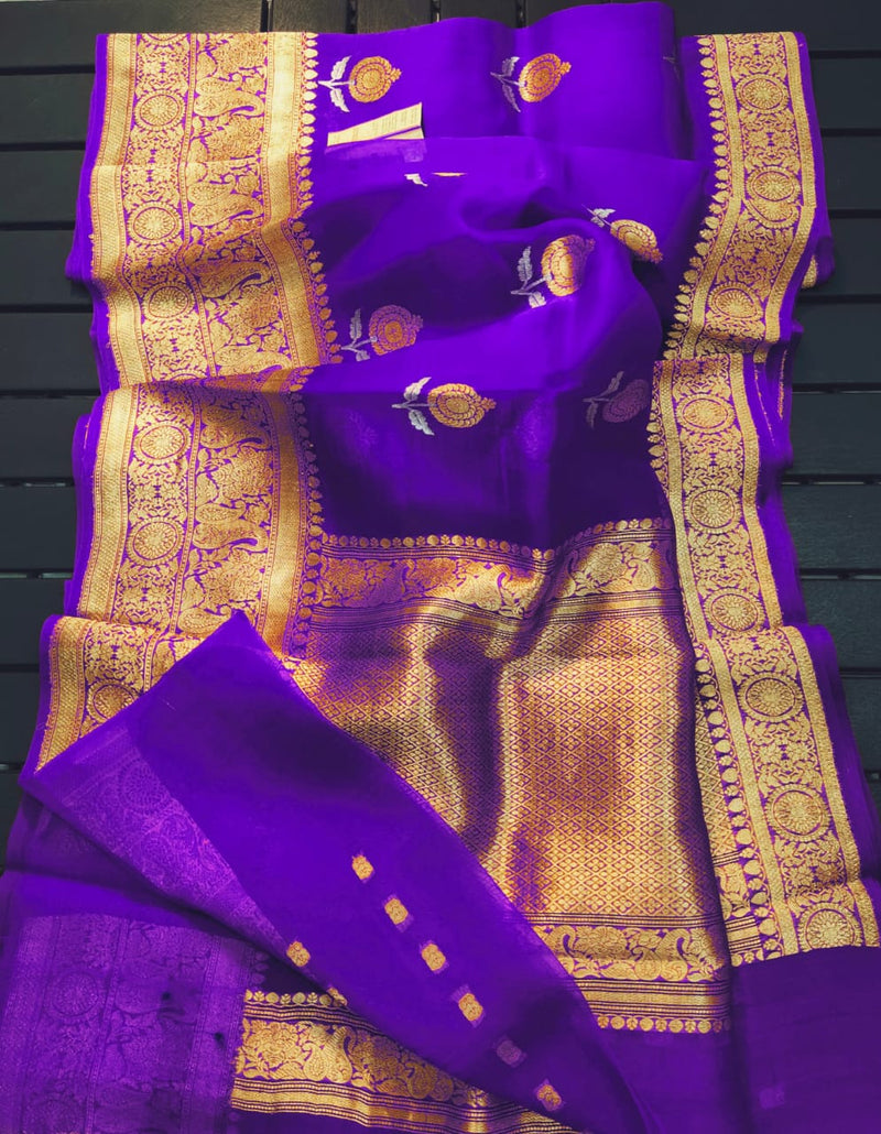 Purple Pure Kora Handloom Banarasi Saree - Sona Roopa Alfi Kadua Boota - The Handlooms