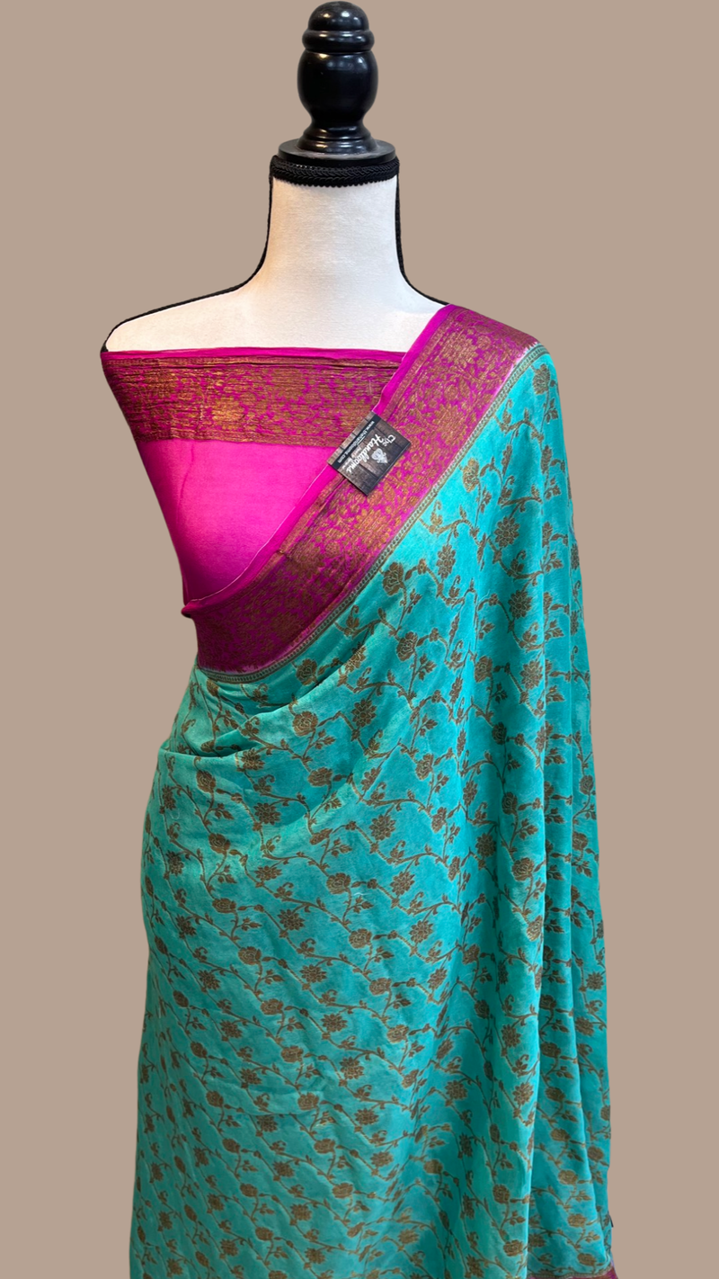 Turquoise Pure Chiffon Khaddi Banarasi Saree - The Handlooms