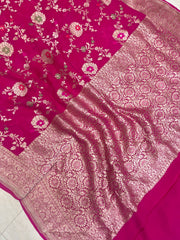Hot Pink Khaddi Georgette Handloom Banarasi Saree - All over jaal work with meenakari - The Handlooms