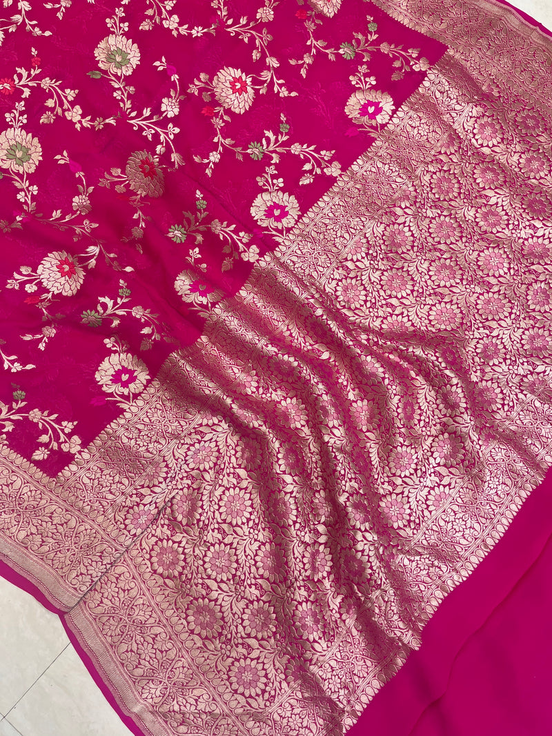 Hot Pink Khaddi Georgette Handloom Banarasi Saree - All over jaal work with meenakari - The Handlooms