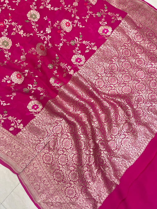 Hot Pink Khaddi Georgette Handloom Banarasi Saree - All over jaal work with meenakari - The Handlooms