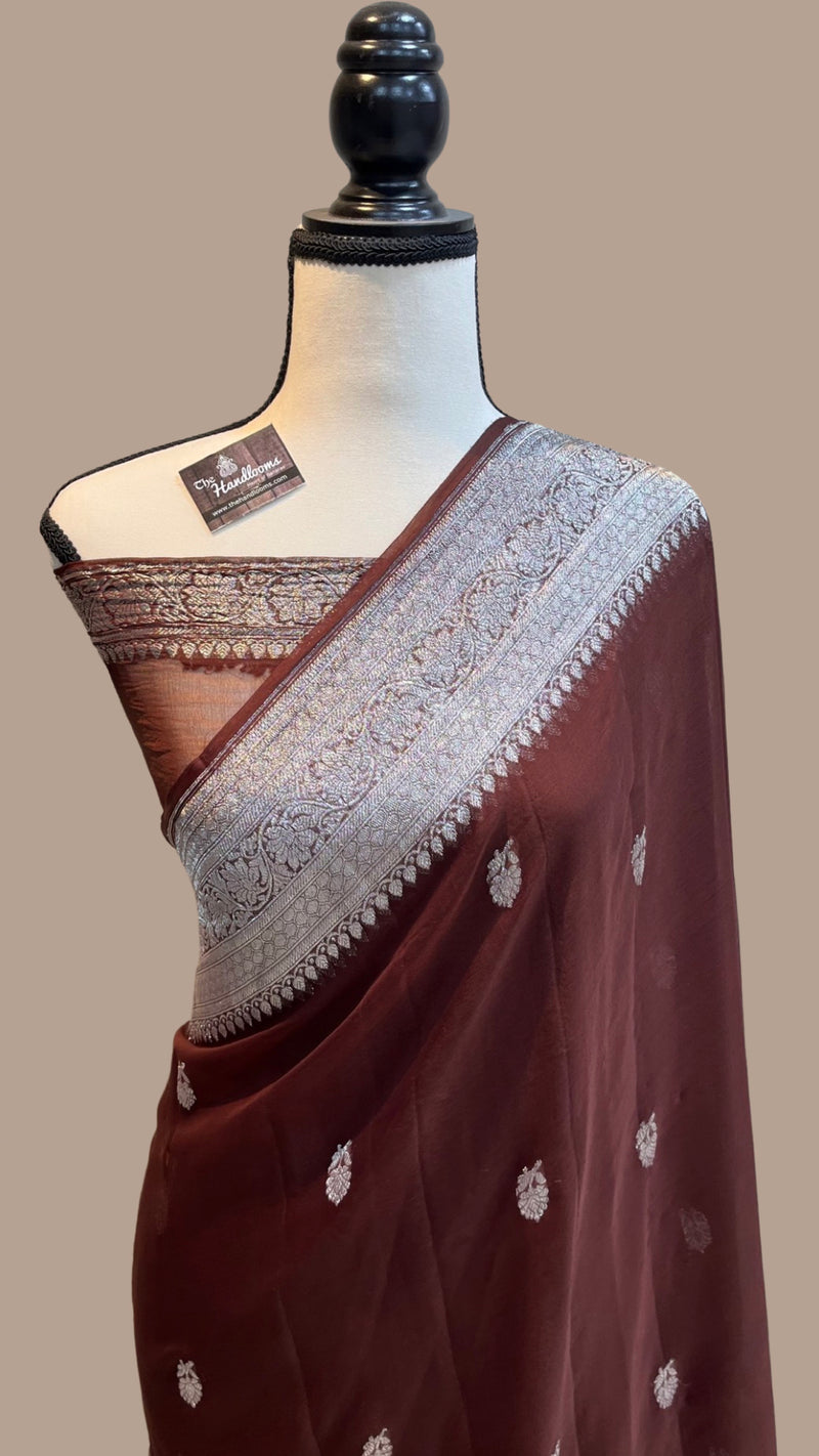 Brown Pure Georgette Banarasi Handloom Saree - The Handlooms