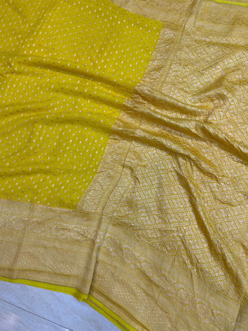 Yellow Khaddi Georgette Banarasi Saree -  Gold zari - The Handlooms