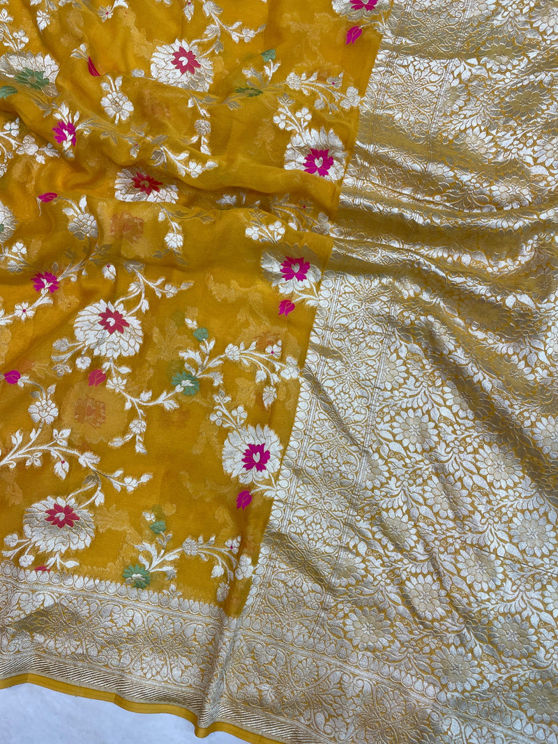 Khaddi Georgette Handloom Banarasi Saree - All over Jaal Work with meenakari - The Handlooms