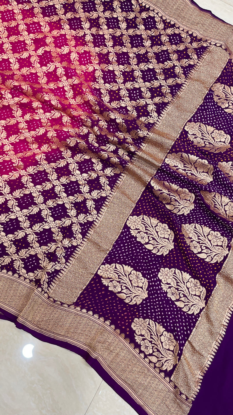 Pure Georgette Banarasi Bandhej Handloom Dupatta - Dual Shade - The Handlooms
