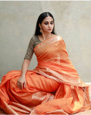 Pure linen Banarasi Peach Saree - The Handlooms