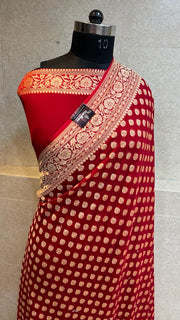 Red Khaddi Georgette Banarasi Saree -  Gold zari - The Handlooms