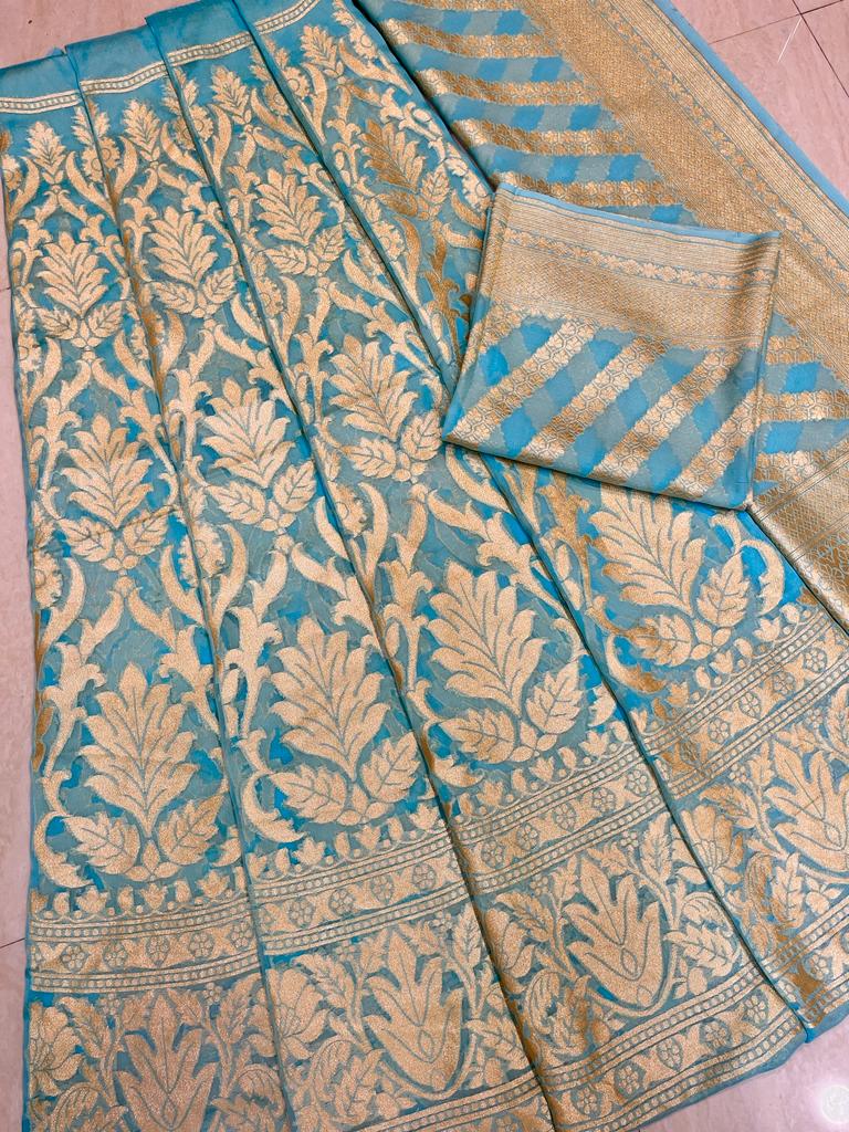 Aqua Blue Pure Khaddi Georgette Handloom Banarasi Lehenga - Stitched - The Handlooms