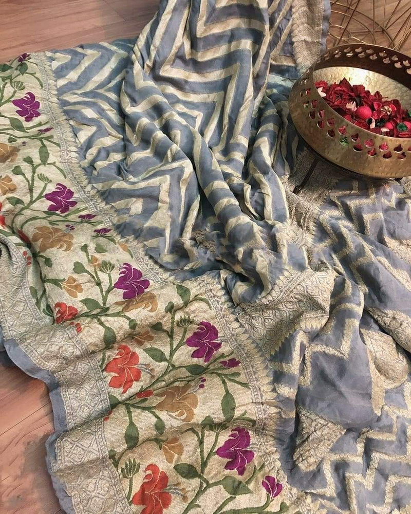 Pure Chiffon Khaddi Banarasi Saree - Grey - The Handlooms