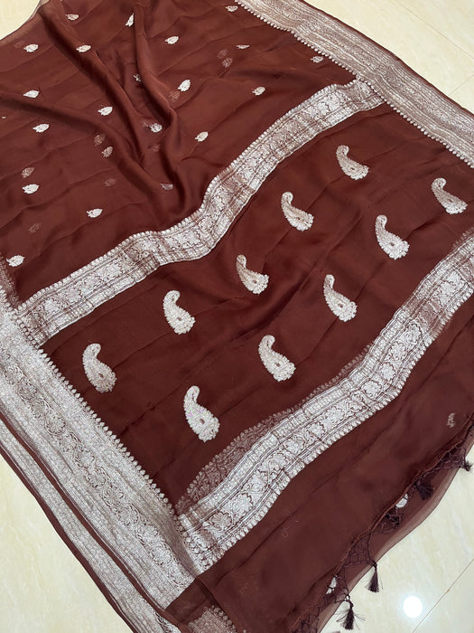 Brown Pure Georgette Banarasi Handloom Saree - The Handlooms