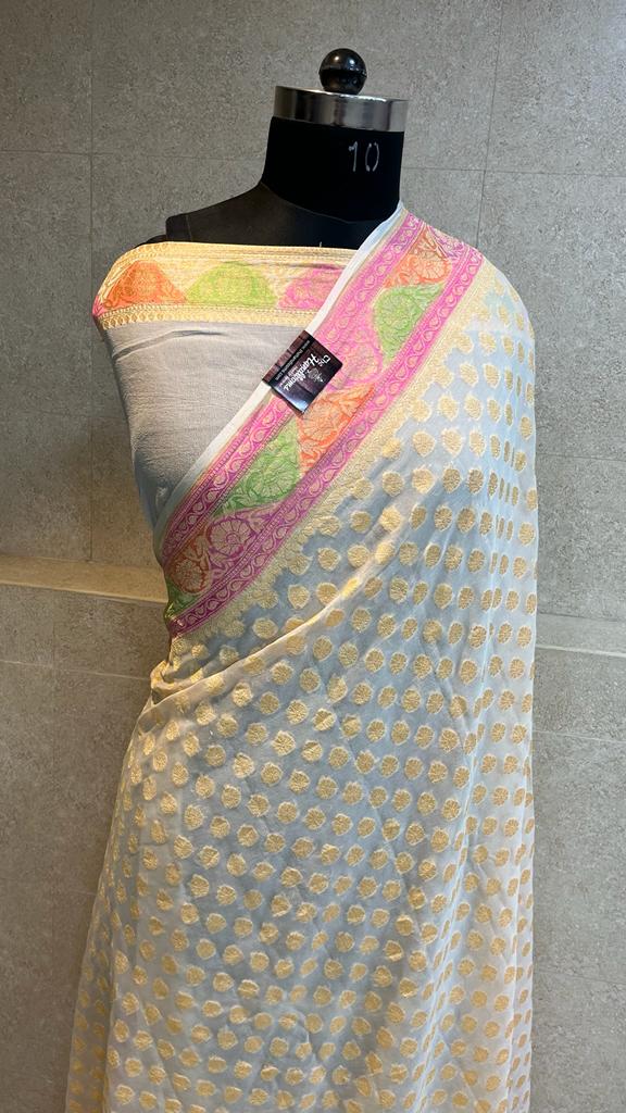 Khaddi Georgette Handloom Banarasi Saree - Gold Zari - The Handlooms