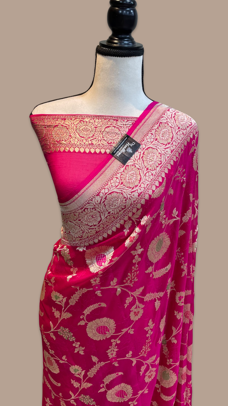 Khaddi Georgette Handloom Banarasi Saree - All over Jaal Work with meenakari - The Handlooms