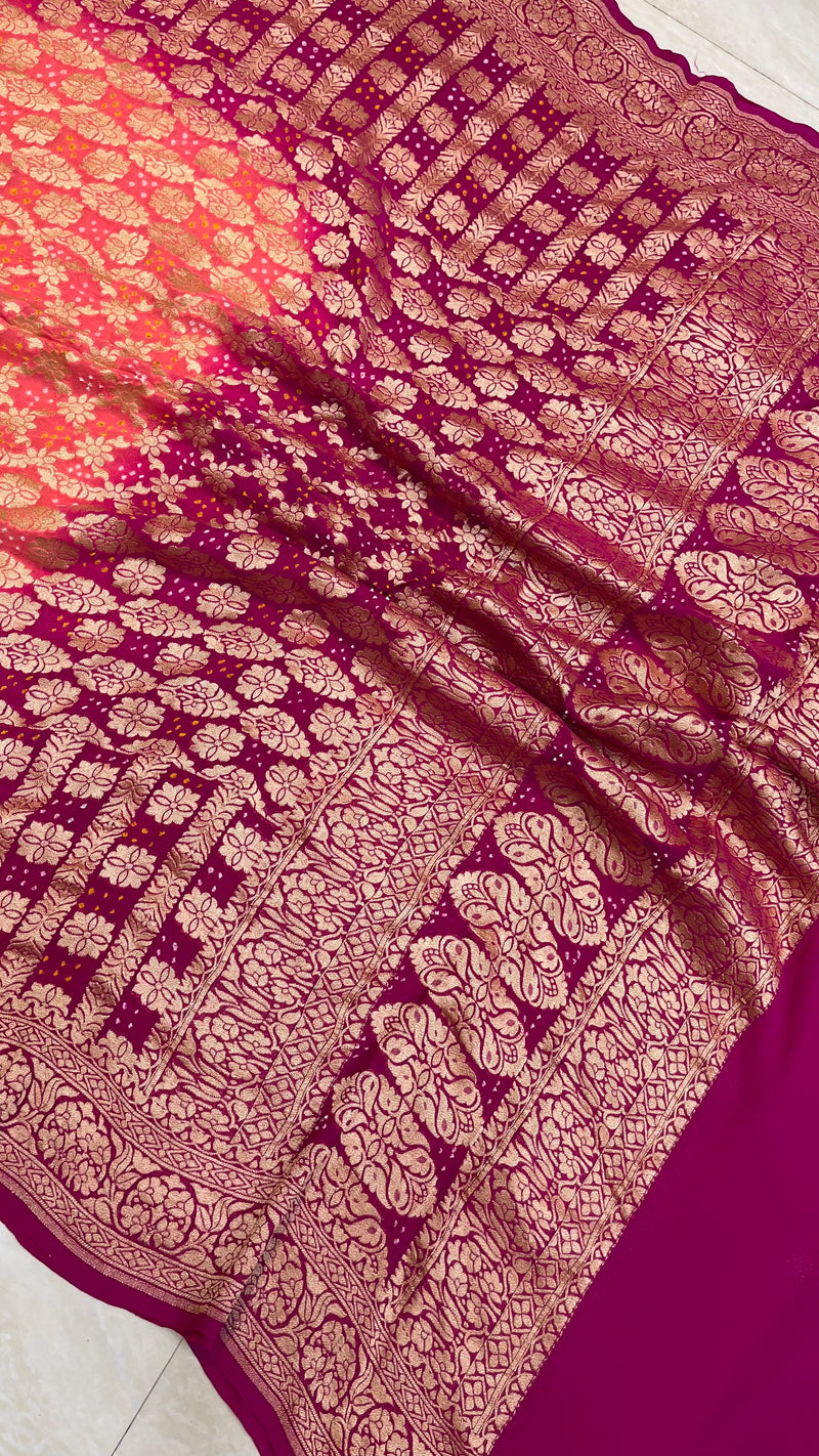 Pure Georgette Banarasi Bandhej Handloom Dupatta - Dual Shade - The Handlooms