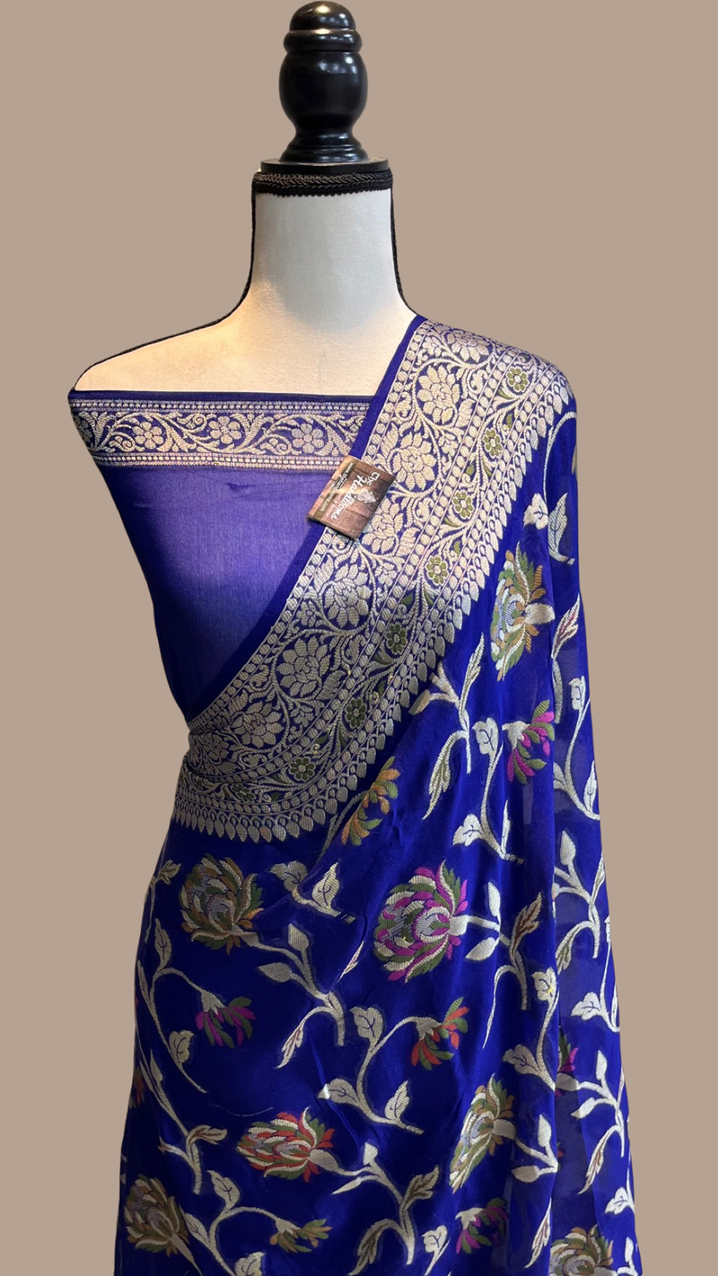 Navy Blue Pure Chiffon Khaddi Banarasi Saree - The Handlooms