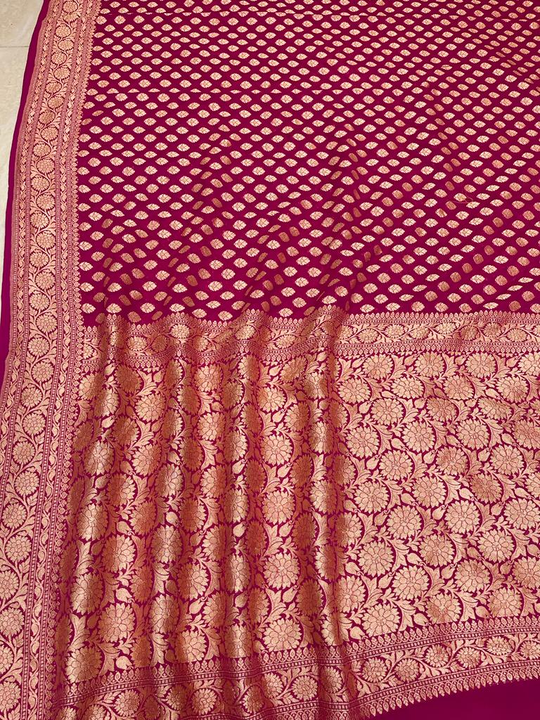 Khaddi Georgette Handloom Banarasi Saree - Gold Zari - The Handlooms