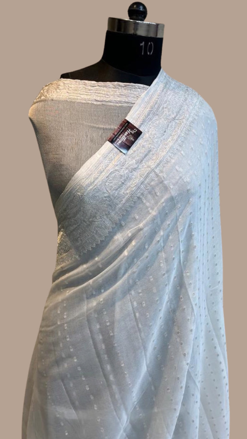 White Pure Georgette Handloom Banarasi Saree - The Handlooms