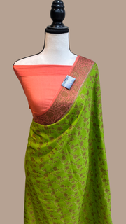 Lime Green Pure Chiffon Khaddi Banarasi Saree - The Handlooms