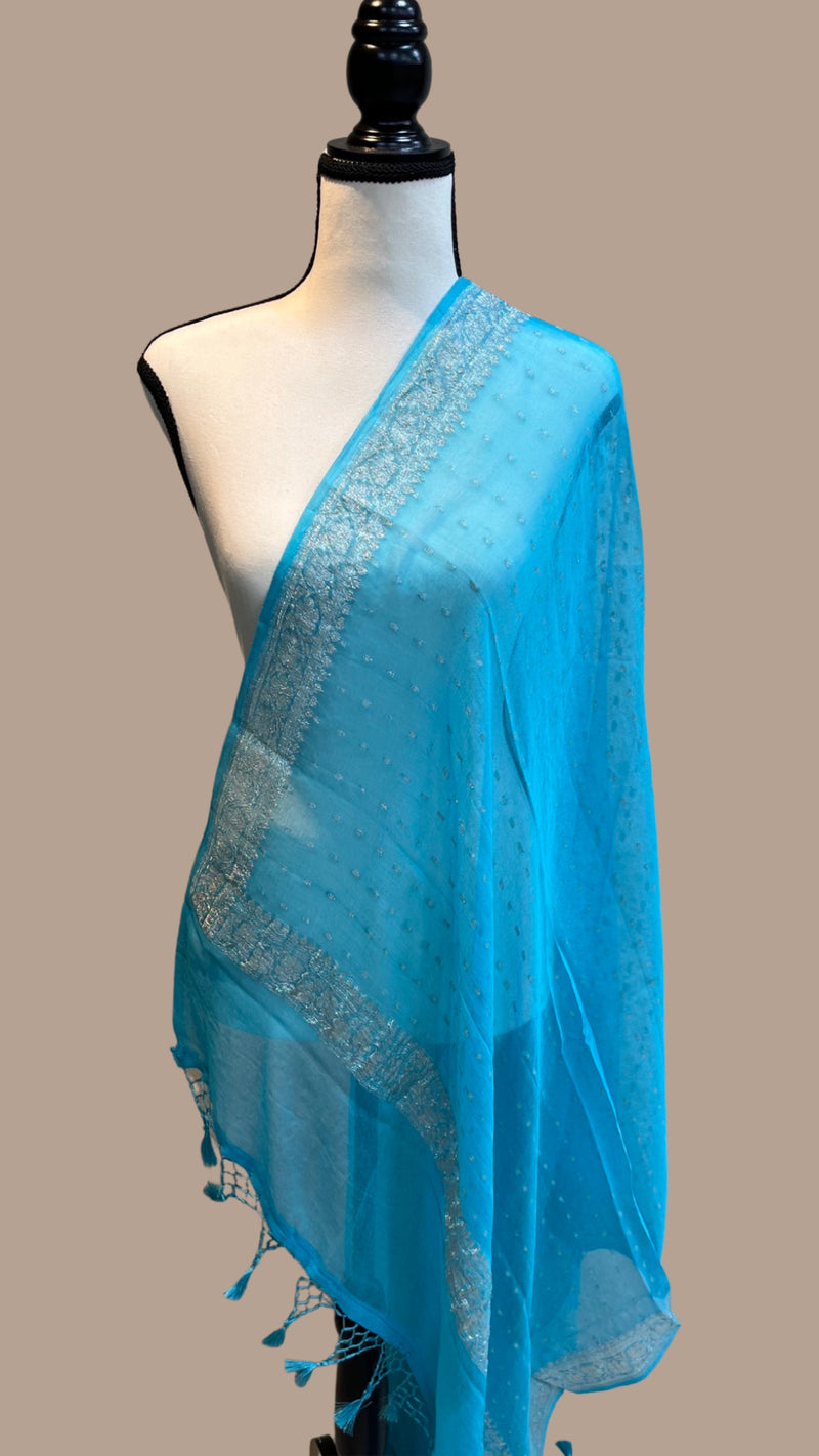 Pure Georgette Dupatt asilver zari - The Handlooms