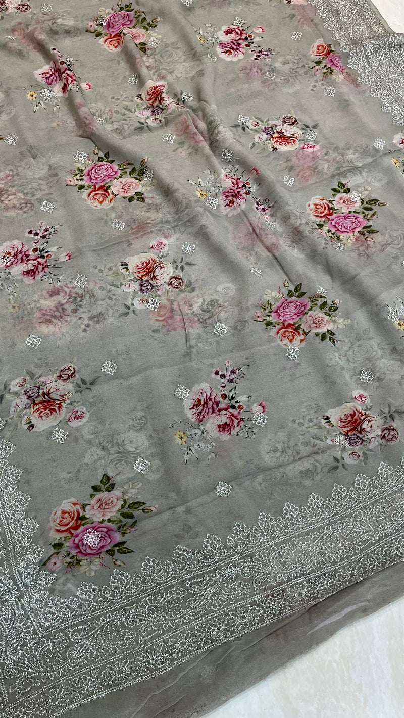 Pure Georgette  Digital Print with Chikankari Handloom Banarasi Saree - The Handlooms