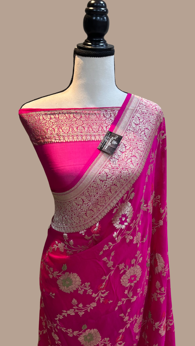 Hot Pink Khaddi Georgette Handloom Banarasi Saree - All over jaal work with meenakari - The Handlooms