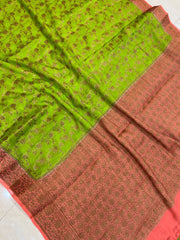 Lime Green Pure Chiffon Khaddi Banarasi Saree - The Handlooms