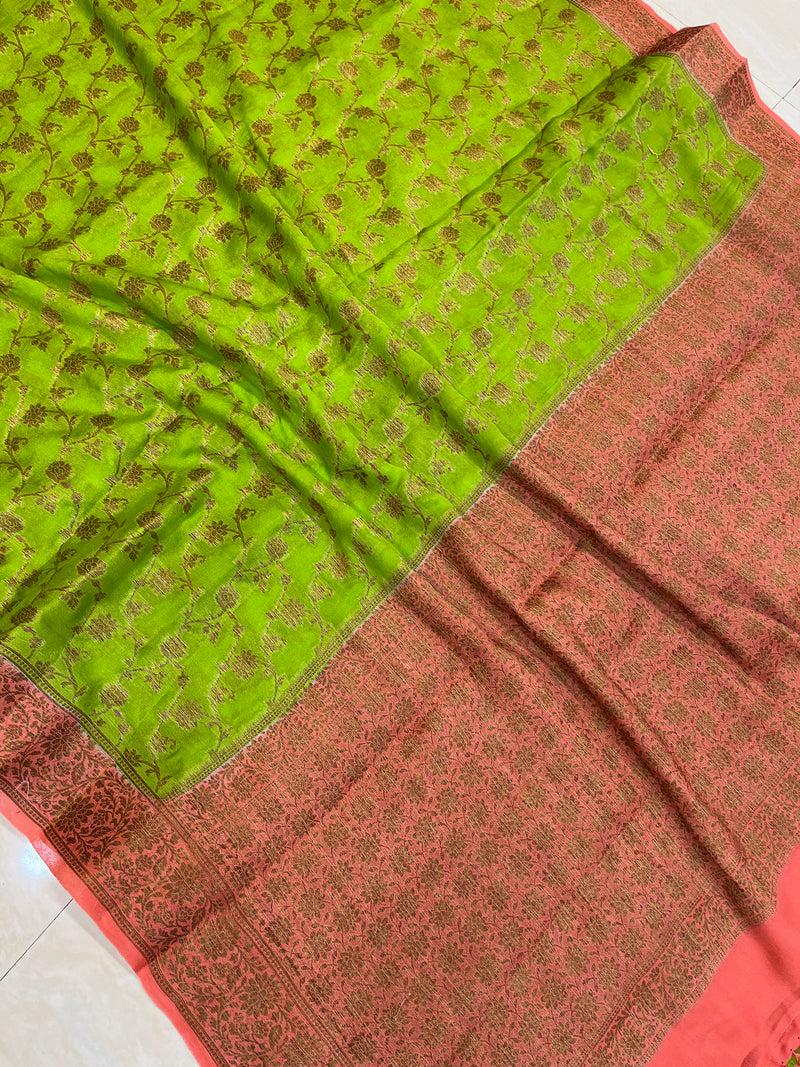 Lime Green Pure Chiffon Khaddi Banarasi Saree - The Handlooms