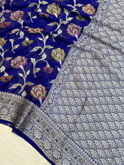Navy Blue Pure Chiffon Khaddi Banarasi Saree - The Handlooms