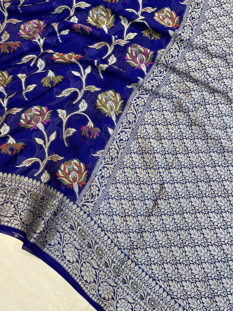 Navy Blue Pure Chiffon Khaddi Banarasi Saree - The Handlooms