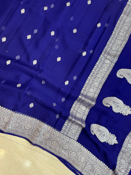 Pure Georgette Banarasi Handloom Saree - Navy Blue - The Handlooms
