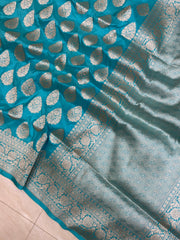 Aqua Blue Pure Katan Silk Banarasi Handloom Saree - All over Jaal work - The Handlooms