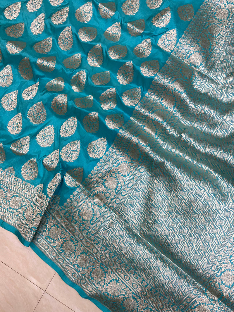 Aqua Blue Pure Katan Silk Banarasi Handloom Saree - All over Jaal work - The Handlooms