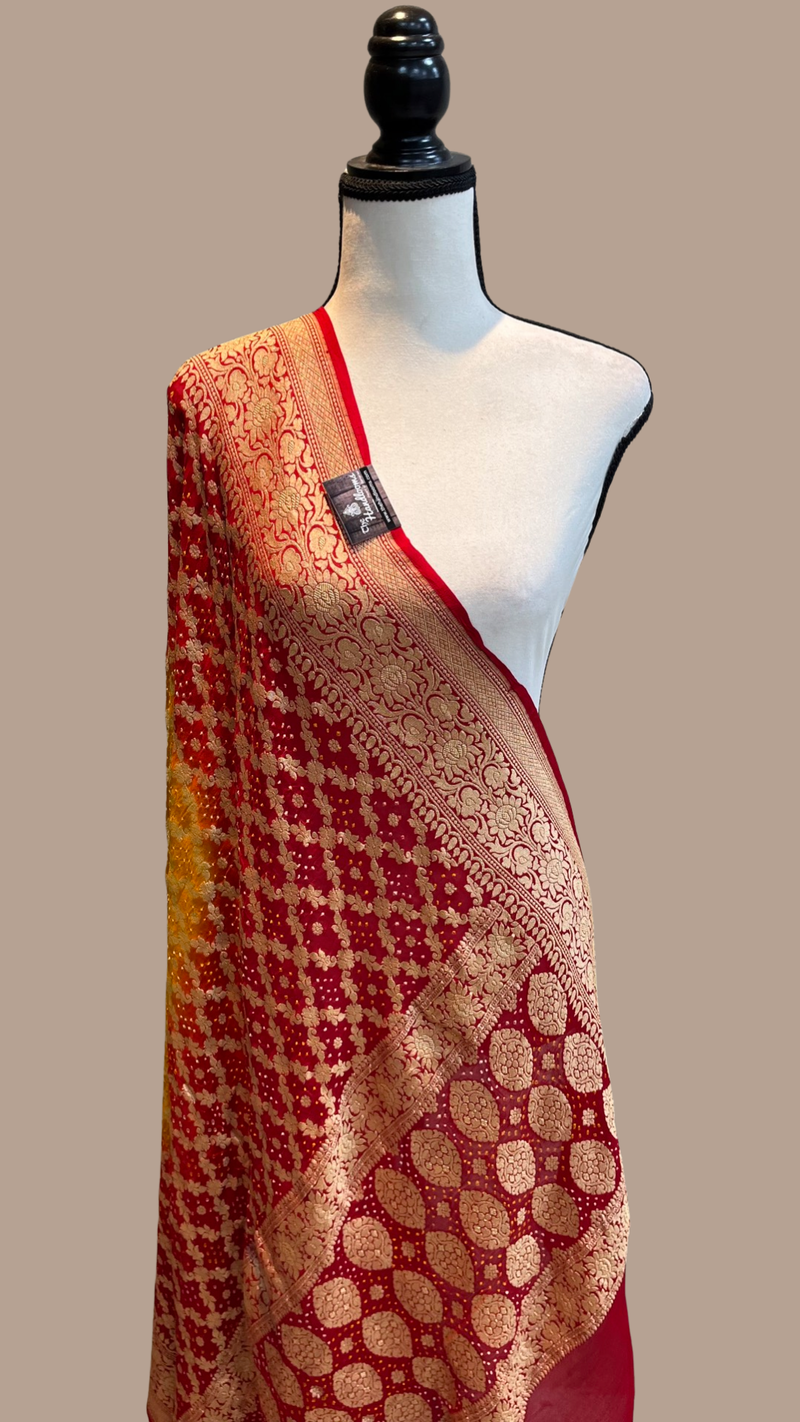 Pure Georgette Banarasi Bandhej Handloom Dupatta - Dual Shade - The Handlooms