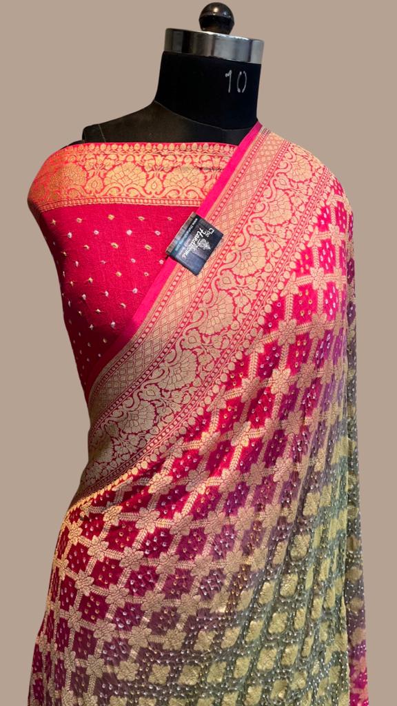 Pure Georgette Banarasi Bandhej Handloom Saree - The Handlooms